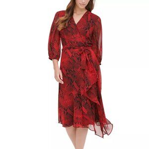 Calvin Klein Red Black Snake Print Faux Wrap Dress Size 8 NWT